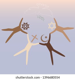 People of different religions. Islam Muslim. Judaism Jew. Buddhism Buddhist. Christianity. Religion vector symbols and characters. Friendship and peace for different creeds