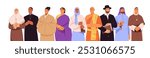 People with different religions. Row of Christian, Muslim, Buddhism, Judaism clergy. Diverse religious cultures. Various holy monk, priest stand together. Flat isolated vector illustration on white