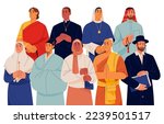 People of different religious culture. World religion diversity concept. Christian, Muslim, Buddhist, Rabbi portrait. Various holy clergy. Flat graphic vector illustration isolated on white background