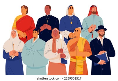 People of different religious culture. World religion diversity concept. Christian, Muslim, Buddhist, Rabbi portrait. Various holy clergy. Flat graphic vector illustration isolated on white background - Shutterstock ID 2239501517