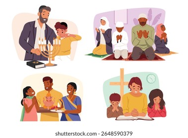 People of different religious denominations vector illustration. Christian, Jewish, Buddhist and muslim families praying to God set isolated on white background. Multicultural community of prayers
