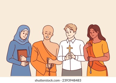 People from different religious groups stand together in ethnic clothes and rejoice at lack of differences between faiths. Religious arab woman with quran and catholic man with crucifix near buddhist