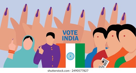 People of different showing voting finger vote for india 2d flat vector illustration