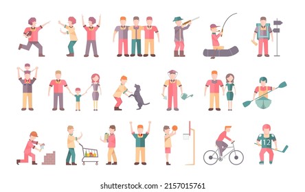 People in different situations and poses. Friends, family, couple, hobby, sport. Flat icons. Vector illustration.
