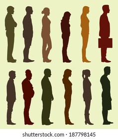 People Of Different Sizes, Races And Genders Waiting In Line Or In Queue