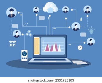 People with different skills connect online and work on the same project. Remote working and freelancing concept. vector illustration.
