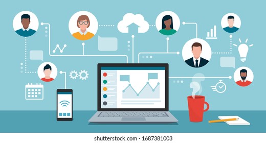 People with different skills connecting together online and working on the same project, remote working and freelancing concept - Shutterstock ID 1687381003