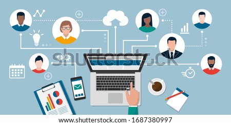People with different skills connecting together online and working on the same project, remote working and freelancing concept