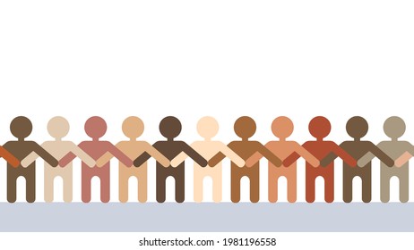 People With Different Skin Color Holding Hands Together. Diverse Crowd And Race Equality Concept. Flat Design.