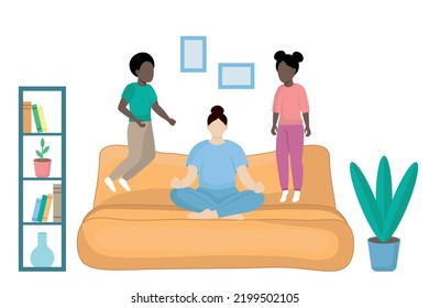 People with different skin colors, mom sits on the sofa in a lotus position, ignoring the children jumping next to her, flat vector, faceless illustration, home interior