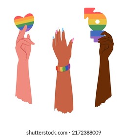 People of different skin holding lgbtg emblems, rainbow, flag in hands. Lgbt  community.  Gender, diversity, unity concept. Vector flat illustration for poster, card, banner, sticker