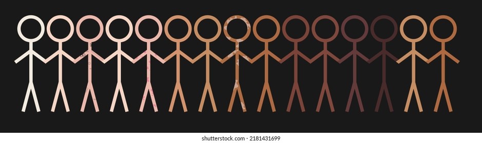 People with different skin type standing and holding hands on the black background 
