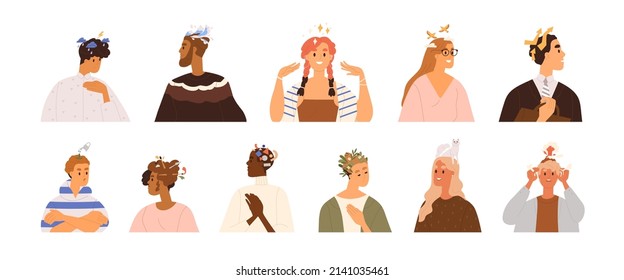 People with different thoughts in brain, head, mindset types set. Characters thinking, feeling happy and sad emotions. Psychology concept. Flat vector illustration isolated on white background