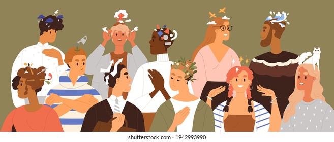 People with different thoughts and feelings. Happy, sad and pensive characters thinking, dreaming, planning and solving problems in mind. Psychological concept. Isolated flat vector illustration