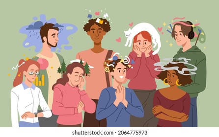 Personas con diferentes pensamientos y sentimientos. Hombres y mujeres felices y tristes piensan, resuelven problemas mentales y sueñan. Estabilidad psicológica y emocional. Ilustración vectorial plana moderna de dibujos animados