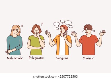 Personas con diferentes tipos de temperamento con firmas melancólicas y flemáticas o sanguinas y coléricas. Diferencias psicológicas en el temperamento y la personalidad que afectan la sociabilidad