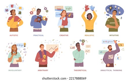 People with different types of thinking and mindset. Autistic and practical, creative and realistic, intuitive and involuntary, arbitrary and theoretical, analytical. Cartoon characters set, vector