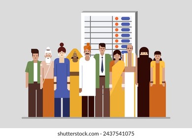 People from different walks of life standing in front of Electronic voting machine. Concept of election in India