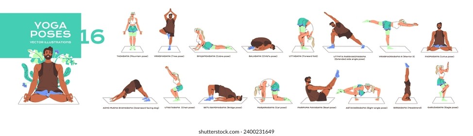 Gente con diferentes poses de yoga. El hombre y la mujer se estiran, el equilibrio de entrenamiento. Diversas asanas para meditación, ejercicios deportivos, prácticas espirituales. Ilustración vectorial aislada plana sobre fondo blanco