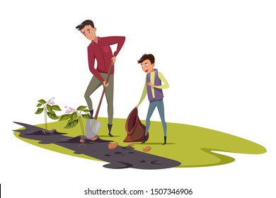 People dig up potatoes flat vector illustration. Farmers family, happy father and son cartoon characters. Man and boy harvesting vegetables, seasonal chore. Natural food growing, farming business