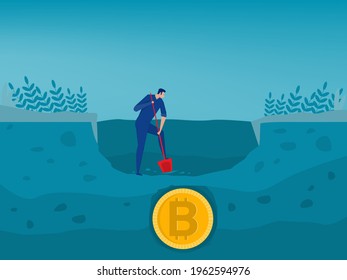 people digging and discovering Bitcoin gold coin. trade market Concept for bitcoin mining and generation Vector illustration of