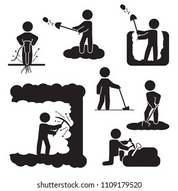 People digging, excavating or drilling icon set. Vector icons.