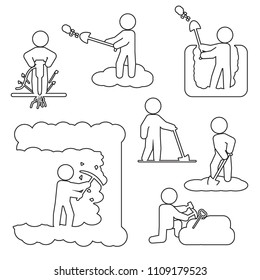 People Digging, Excavating Or Drilling Thin Line Icon Set. Vector Outline Icons.