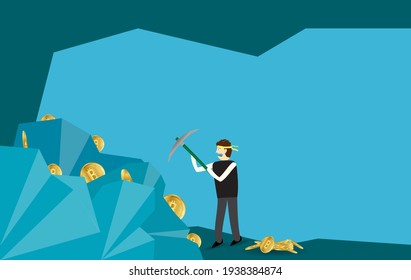 People are digging golden bitcoins in a cave.