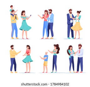 Personaje de usuario de dispositivo digital de personas. Pareja amorosa, esposa casada, padres de familia sosteniendo teléfonos móviles para comprar, comunicación inalámbrica, compartir noticias. Conjunto aislado sobre blanco