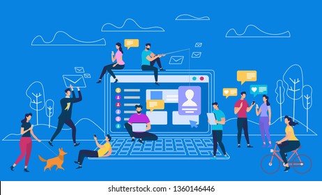 People Digital Devices Communication on Blue Background with Outline Nature. Men and Women Teamworking. People Use Digital Technology, Online Communicate, Web Internet Cartoon Flat Vector Illustration