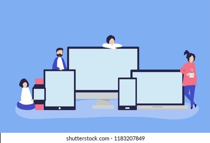 People and digital devices with copy space