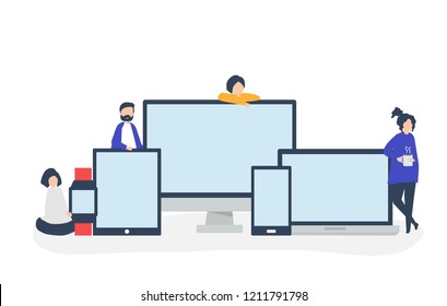 People and digital devices with copy space