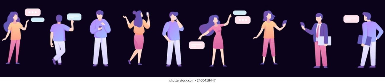People with digital gadgets communicate set. Male and female characters with conversation clouds write and read messages and also call vector interlocutor