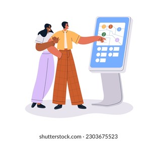 People at digital information screen stand, searching info on map, scheme. Touching interactive display, touchscreen terminal at mall, store. Flat vector illustration isolated on white background