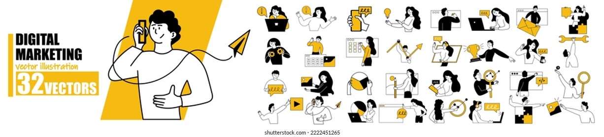 People in digital marketing and internet situation scene set. Web business and media communication vector illustration person. Character collection and company strategy work. Social network situation