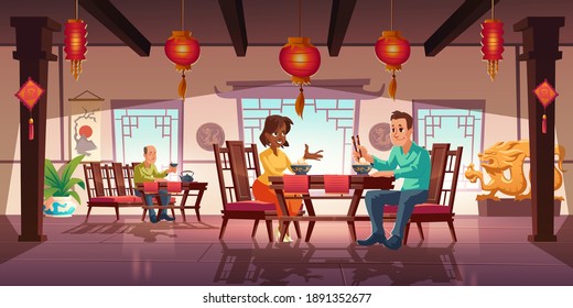 People dining in asian restaurant, men and women eating noodles and drink tea in traditional chinese cafe sit at served tables. Cafeteria interior with authentic decor, cartoon vector illustration