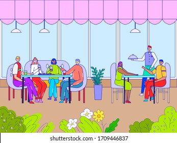 People dining in cafe, cartoon characters in restaurant, friends eating lunch together, vector illustration. Happy men and women order meal in canteen, waiter serving food. Cafeteria diner customers