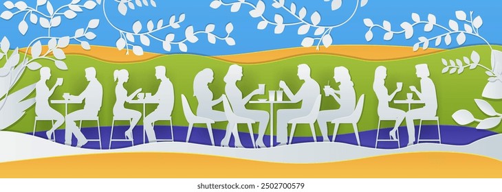 People dining outdoors paper cut style silhouettes nature background