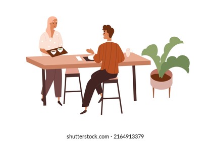 People At Dining Table, Eating Food In Office Canteen. Colleagues Having Meal, Business Lunch. Happy Man And Woman In Cafeteria, Foodcourt. Flat Vector Illustration Isolated On White Background