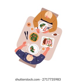 People at dining table, top above overhead view. Family couple sitting, eating homemade food, having dinner meal with meat and vegetables. Flat vector illustration isolated on white background