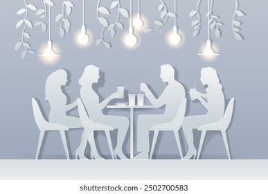 People dining together in paper cut style. Silhouettes of four individuals seated at a table with drinks in a softly lit environment with hanging lights and leafy decorations