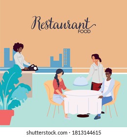 People dining in an upscale outdoor luxury restaurant and waiters taking the order vector illustration design