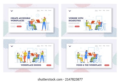People Dining at Workplace Landing Page Template Set. Business Team Eating Pizza in Office together with Disabled Colleague. Employees Characters Dinner, Lunch or Break. Cartoon Vector Illustration