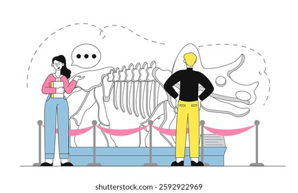 People in dinosaur museum. Man and woman look at dinosaurs skeleton. Tourists and visitors in museum. Cultural hobby and leisure. Jurassic period fossils. Linear vector illustration