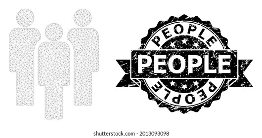 Impresión de focas sucias y modelo de malla de personas vectoriales. El sello negro incluye el título de la gente dentro de la cinta y la roseta. Resumen de personas de malla 2d, diseñadas con triángulos.