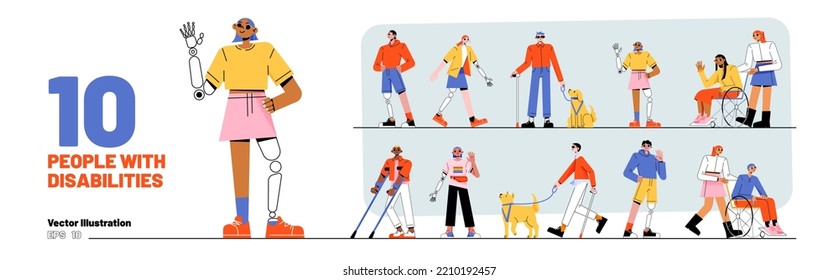 People with disabilities, blind characters with guide dogs, diverse characters in wheelchairs, with crutches and prosthesis isolated on background, vector flat illustration