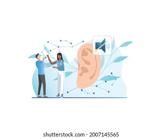 People with disabilities communicate in sign language against background of large ear, speaker icon is crossed out. World day of deaf. Communication culture of deaf, hard of hearing people.