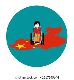 COVID und Behinderte auf Rollstühlen in China Vektorgrafik im Stil eines flachen Cartoons