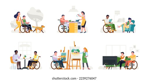 People with disabilities do everyday things. Equal accessibility. Disabled person. Man in wheelchair cooking and eating. Paralyzed male reading books. Vector handicap