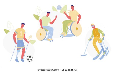 People with Disabilities Doing Sport Flat Cartoon Vector Illustration. Teenagers on Wheelchairs Playing with Ball. Boy Having Problems with Legs Plays Football. Man with Prosthesis Skiing.
